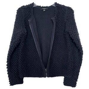 Ann Taylor Full Zip Jacket Wooly Fuzzy Nubby Navy Blue Collarless Petite Medium